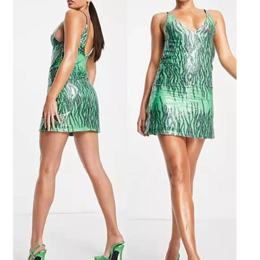 Women's Allover Sequins Mini Sexy Cami Dress Evening Party Green Zebra ‎Disco